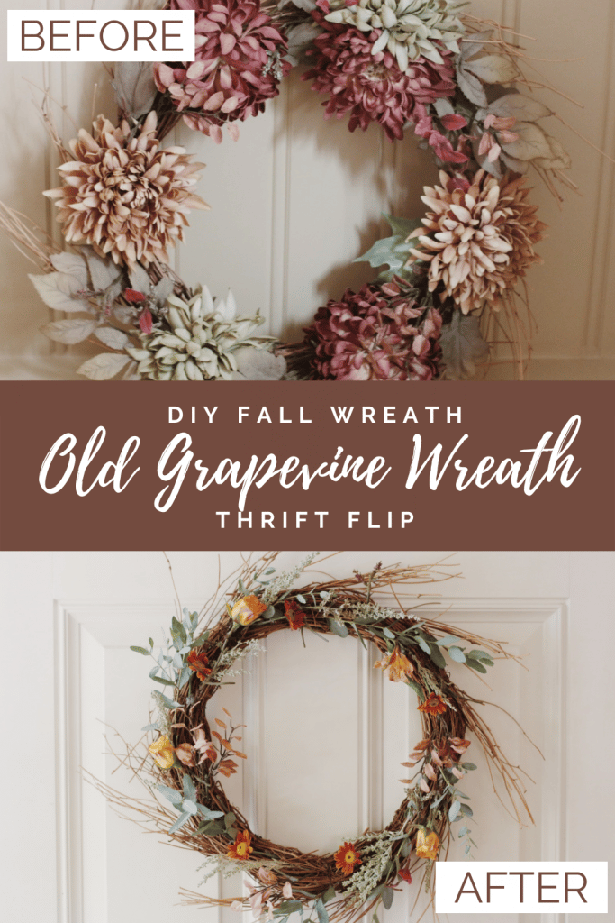 DIY fall wreath: old grapevine wreath thrift flip before and after image