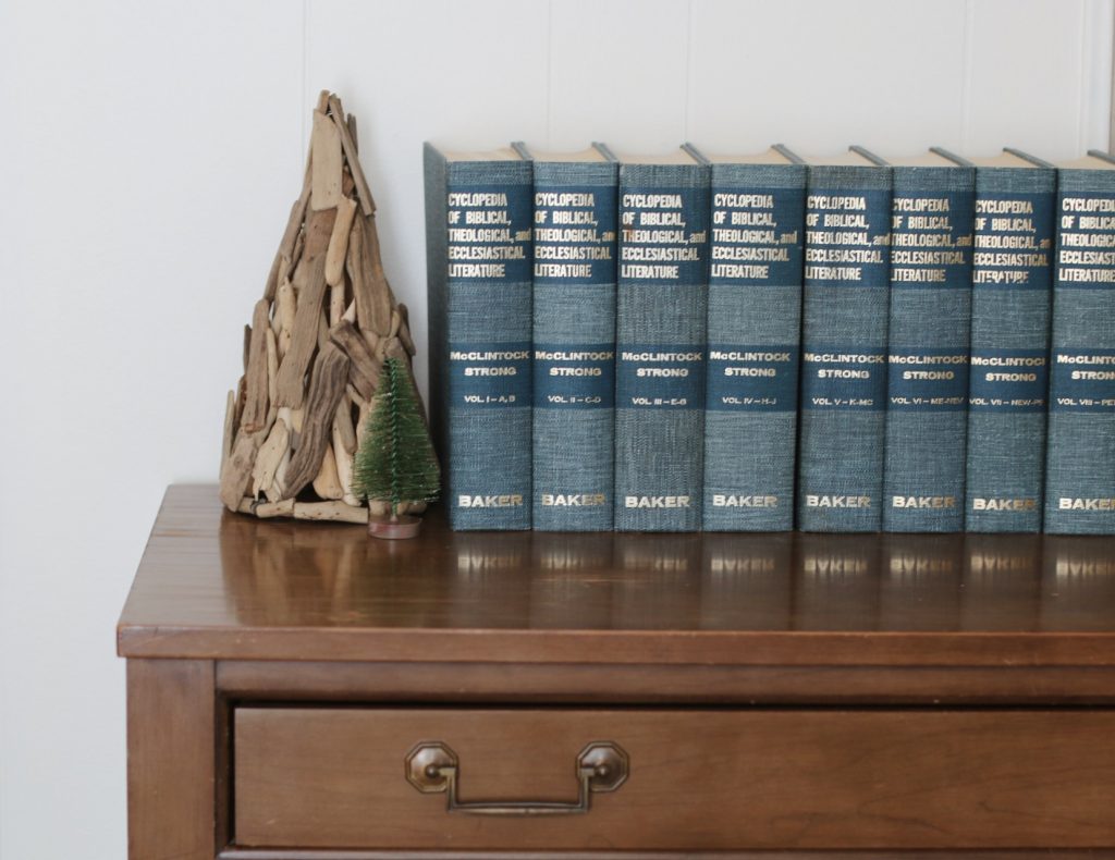 two decor trees next to books on wood table